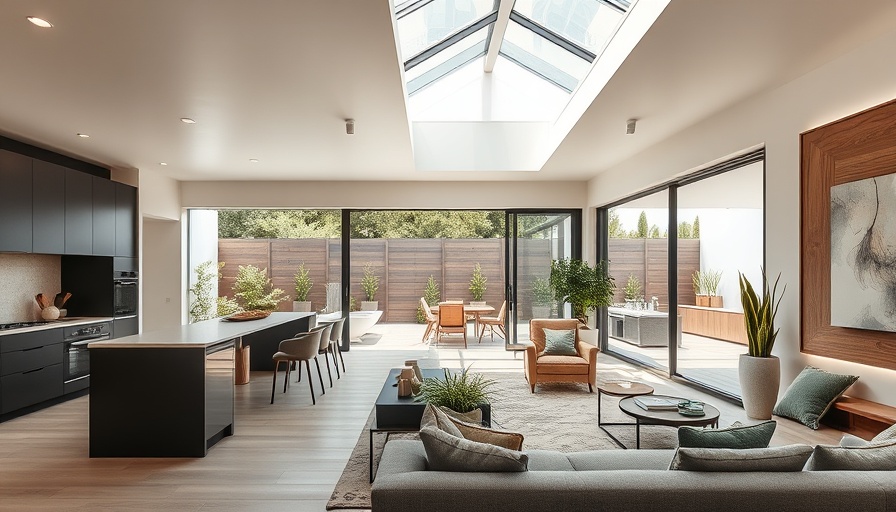 Contemporary indoor-outdoor living space with open kitchen and patio.