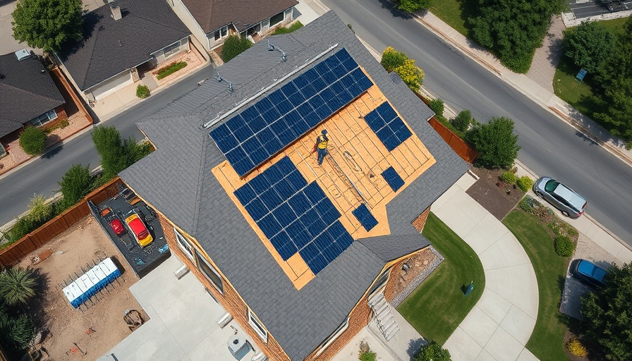 Aerial view of construction site with solar panels, illustrating residential development.