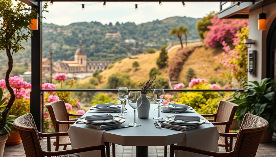 Modern outdoor dining area design with scenic hillside view.