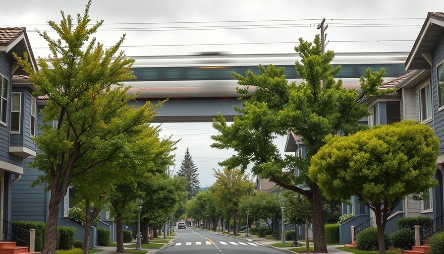 California transit-oriented development with elevated train line in suburb