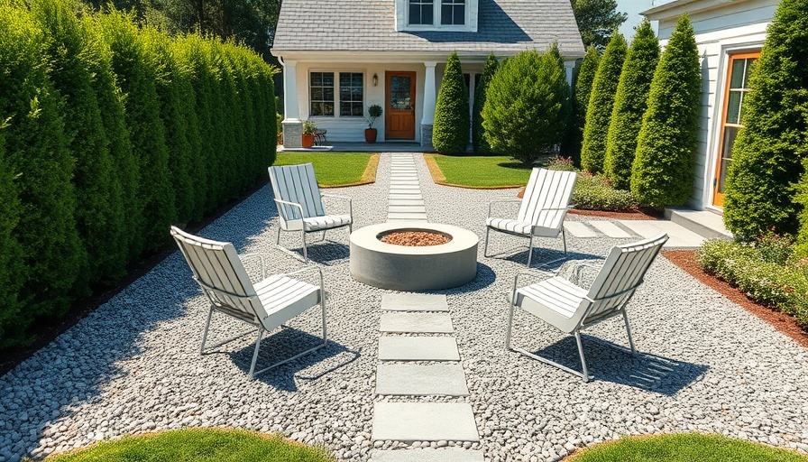 Modern gravel patio design with stone path and outdoor seating.