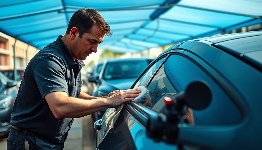 Worker cleaning car under blue canopy in urban setting