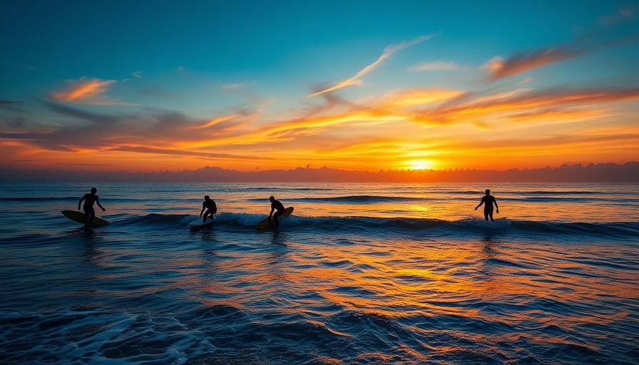 Silhouetted surfers at sunset, surfing in the era of appearances.