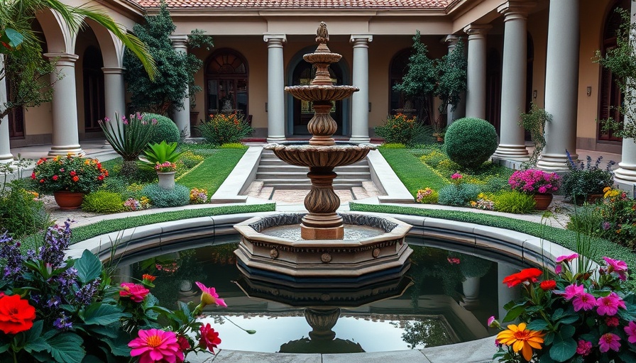 Elegant patio water feature design with lush greenery and flowers.