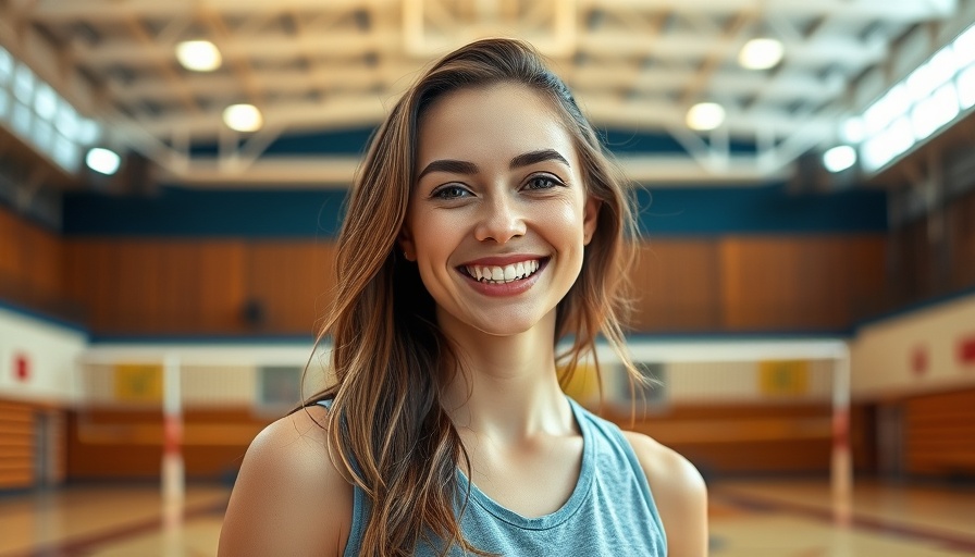 Young woman smiling in Newport Harbor girls volleyball playoffs gym