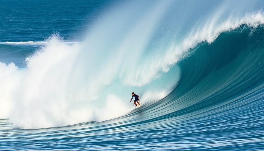 Surfer riding enormous wave at Nazaré, capturing ocean's power.