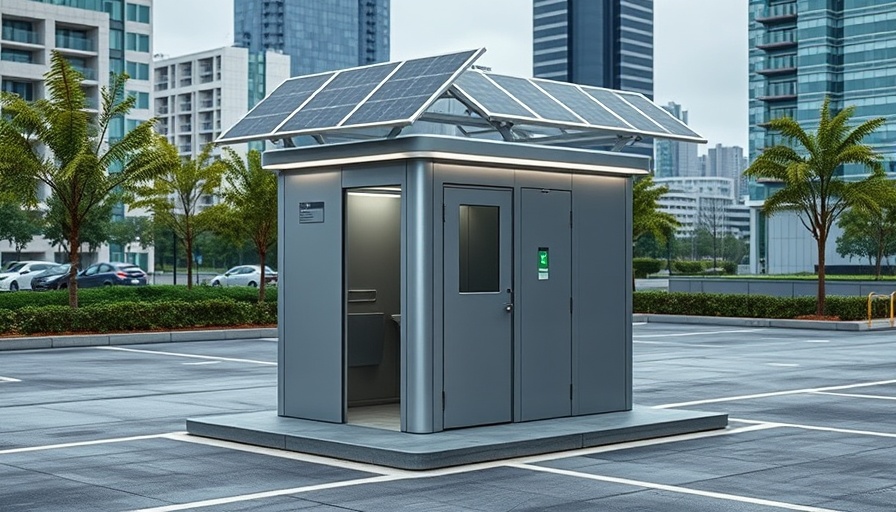 Sleek high-tech toilet in Long Beach with solar panels.