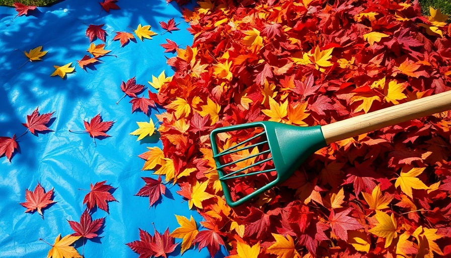 Rake and leaves on tarp in sunny garden for leaf cleanup tips.