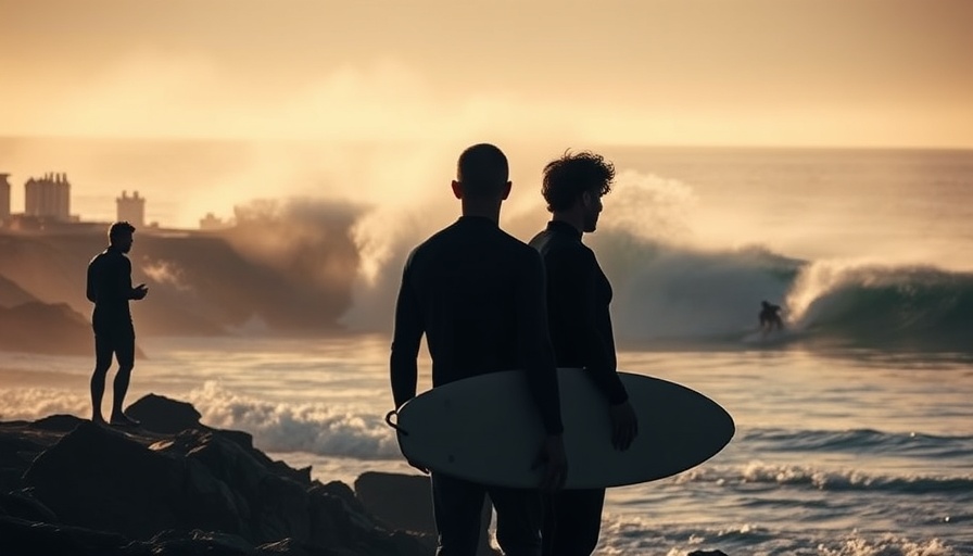 Surfers observing a wave ride; sea level rise surf economy impact.