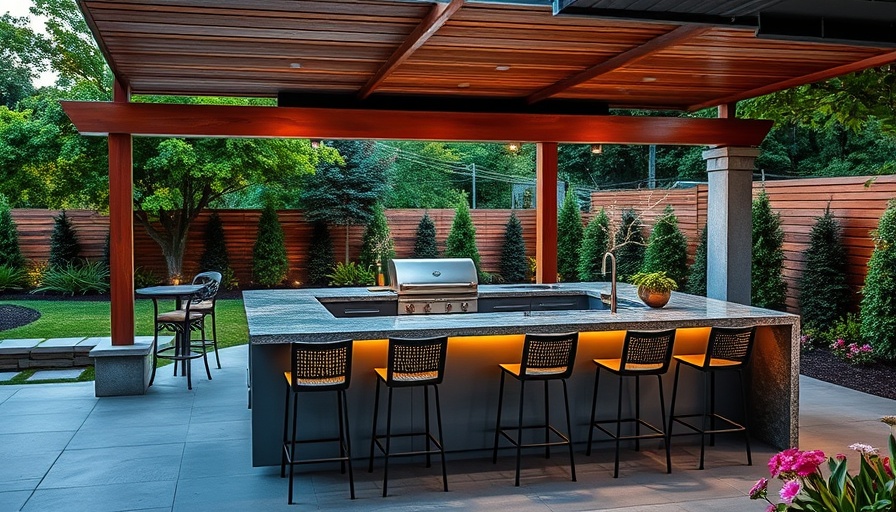 Modern outdoor kitchen with bar counter, lush garden background.