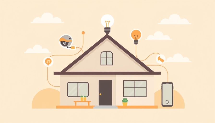 Stylized smart home illustration with smart devices and icons.