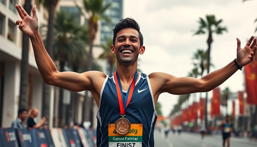 2025 Surf City 10 winner celebrating at finish line, palm trees in background.