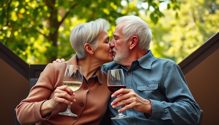 Power of memory in senior living, older couple kissing outdoors.