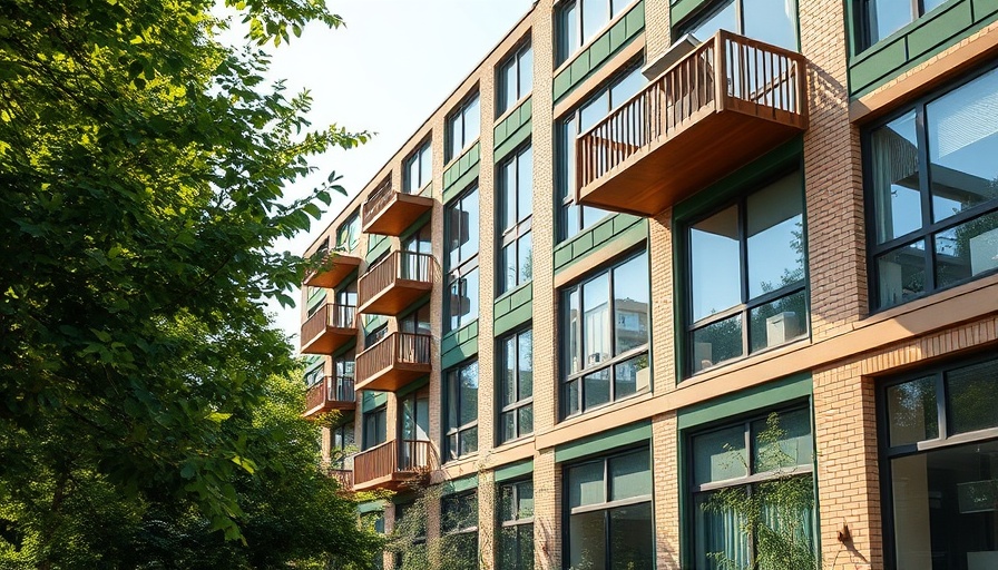 Modern urban building with wooden balconies and large windows.