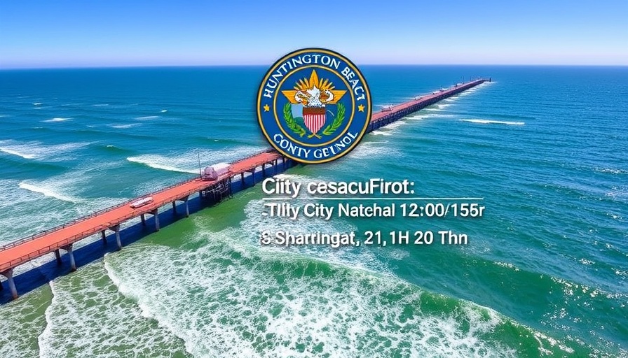 Aerial view of Huntington Beach pier with meeting details overlay.