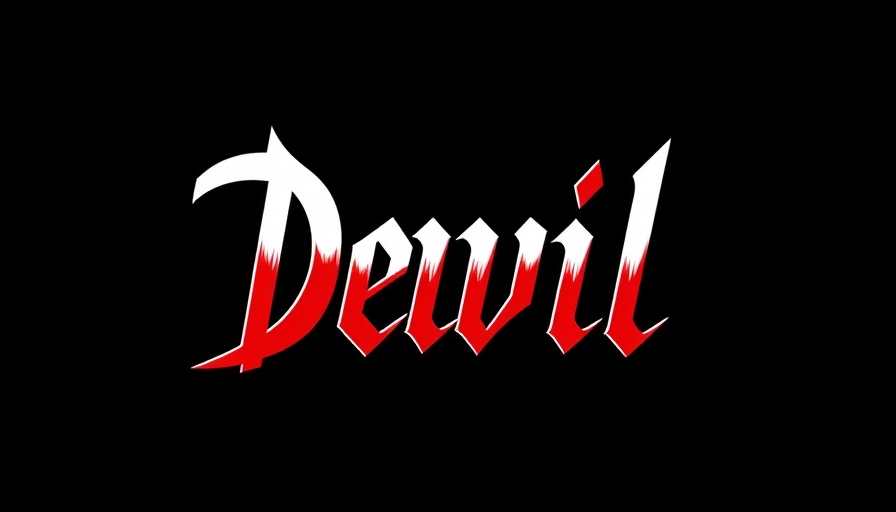 Graphic logo with devilish theme, red accent text