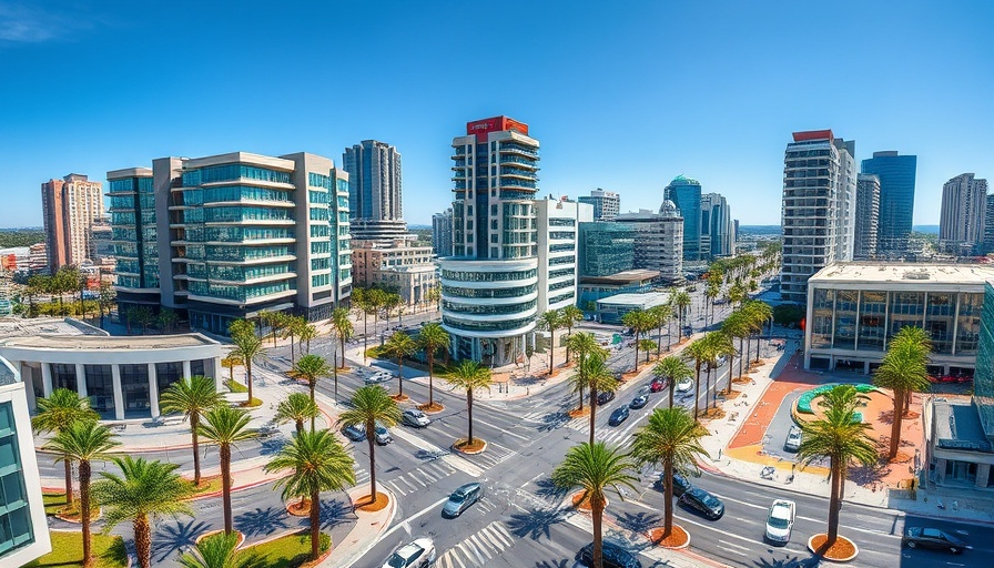 Aerial view of downtown Huntington Beach showcasing street and buildings improvements.