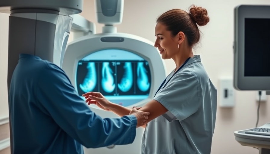 Professional guiding woman in breast cancer screening, clinical setting.