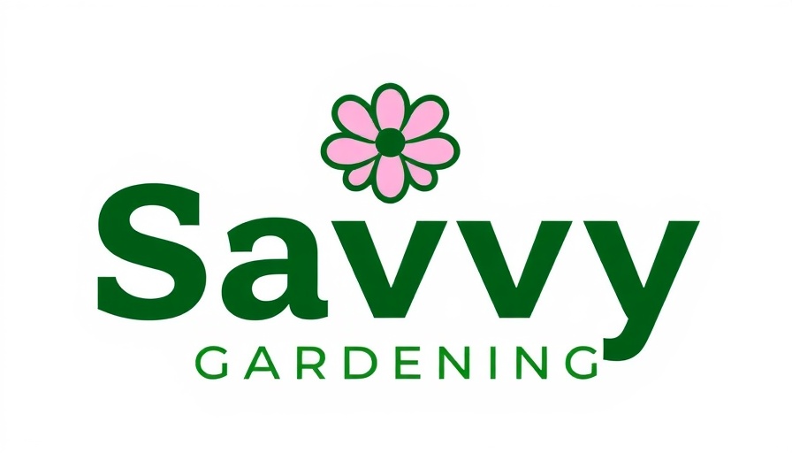 Text logo for Savvy Gardening with flower illustration.