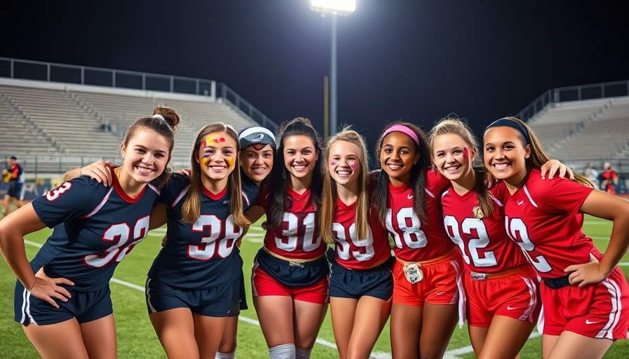 Huntington Beach girls flag football team posing together at night.