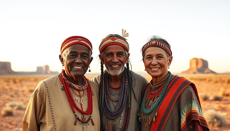Tribal elders enjoying a sunny day in desert landscape, promoting community services.