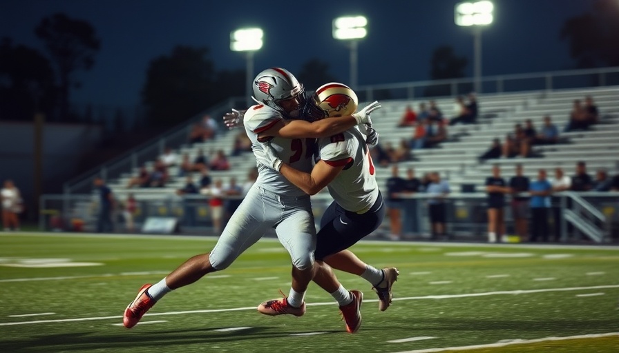 Orange County football league players in intense tackle under stadium lights.