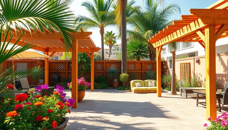 Sunny low-maintenance backyard garden landscaping with wooden gazebos and palm trees.