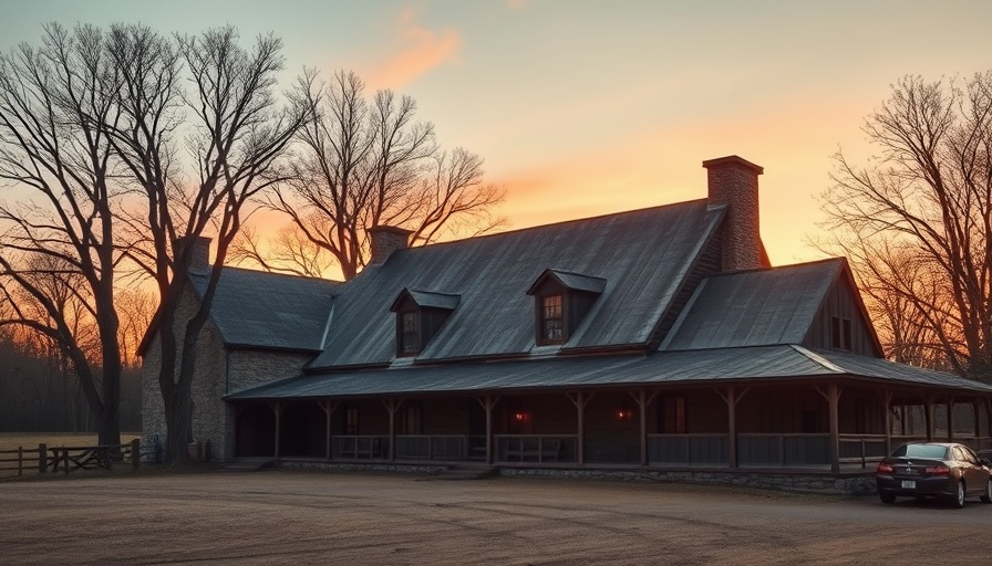 Charming farmhouse with trees at sunset, showcasing warm glow and historic style.