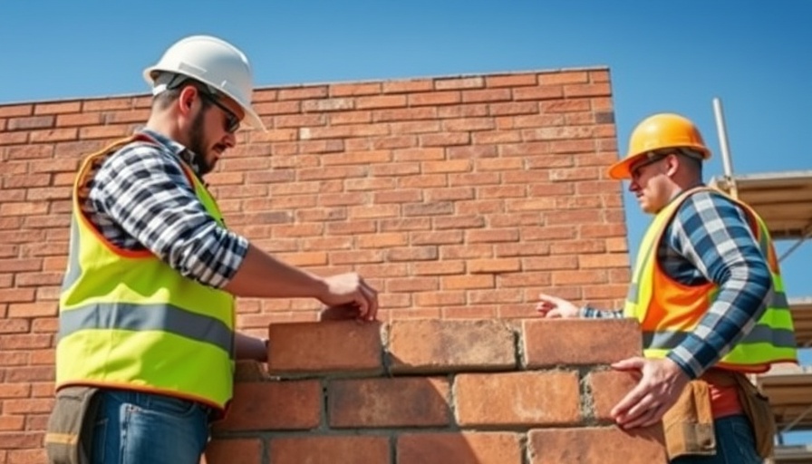 New towns construction England - Workers building a brick wall.