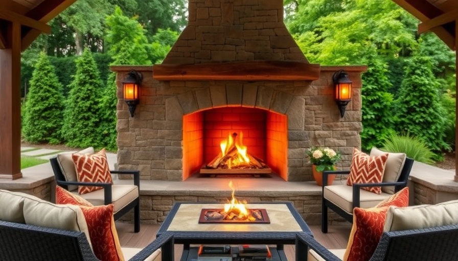 Elegant stone outdoor fireplace design in a lush garden setting.