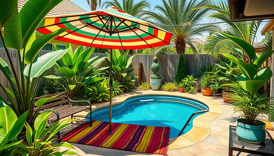 Small backyard pool design with tropical plants and seating area.