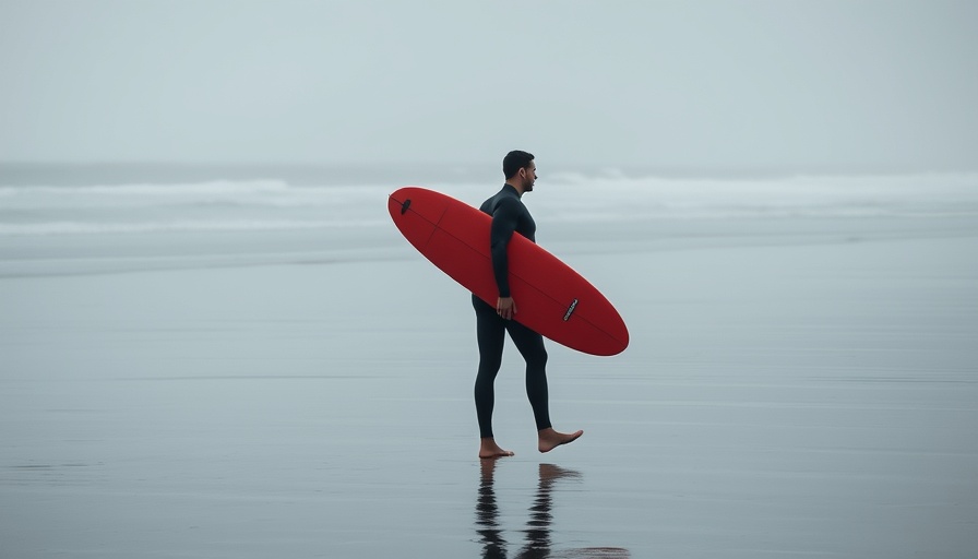 Surfer with red surfboard on misty beach, 'You should've been here yesterday' vibe.