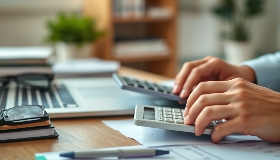 Hands using calculator and laptop for financial analysis.