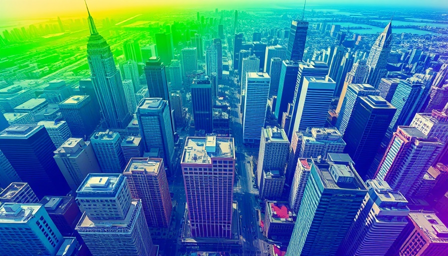 Colorful aerial view of cityscape with vibrant gradient overlay.