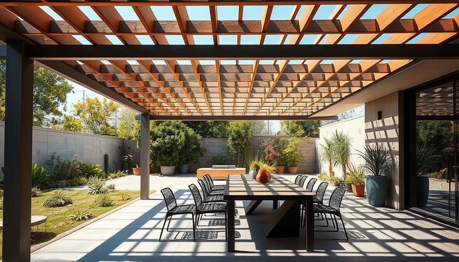 Modern cantilever pergola design with dining area, lush garden.