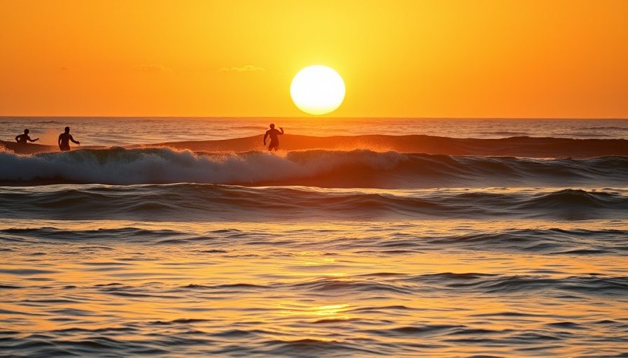 Golden sunset over ocean with surfers, showcasing transverse and longitudinal waves in surfing.