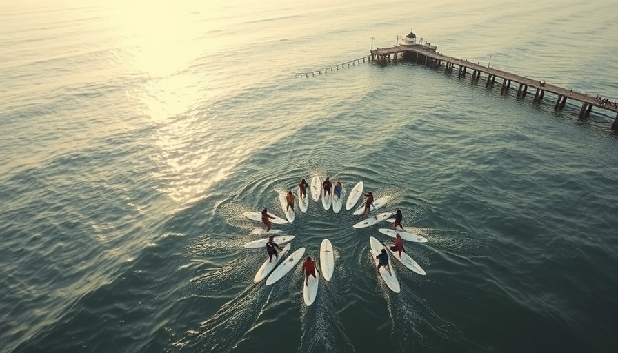Aerial view of paddle out ceremony near pier for Kolby Aipa.