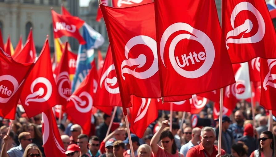 Vibrant red Unite the Union flags during Sellafield construction strike.