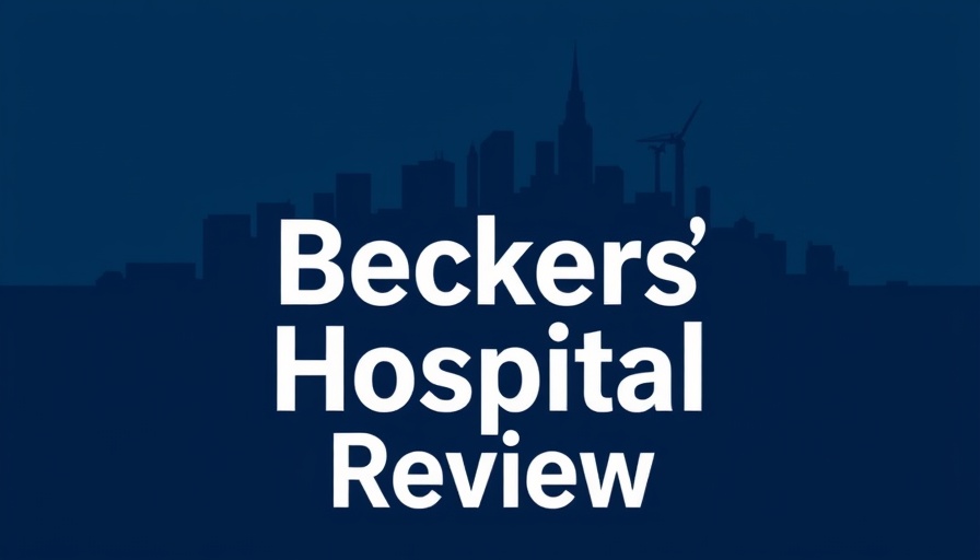 Becker's Hospital Review logo, simple cityscape silhouette, healthcare technology adoption.