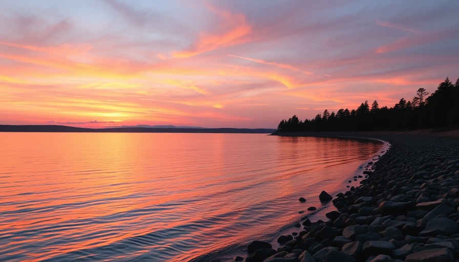 Tranquil sunset over a lake with rocky shoreline.