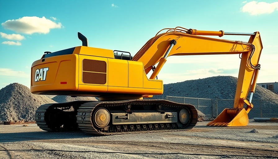 Construction site with yellow excavator amid gravel piles under clear sky.