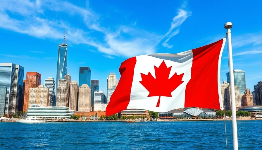 Waving Canadian flag above a vibrant city skyline under blue skies.