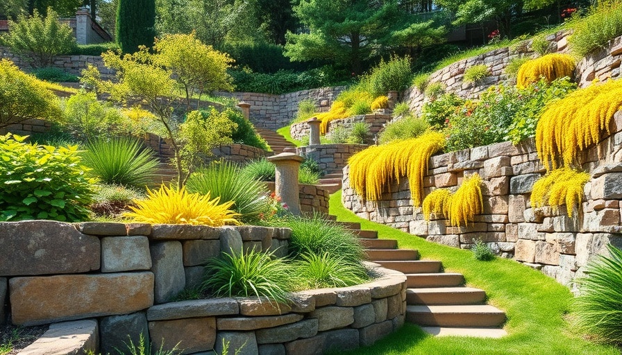 Natural retaining walls with greenery on sloped backyard.