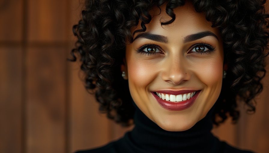 Smiling woman in black turtleneck with dark hair, wooden backdrop.