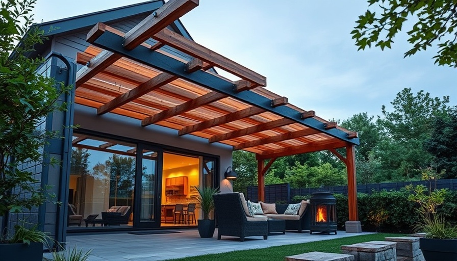 Modern attached pergola design with outdoor seating area and warm lighting