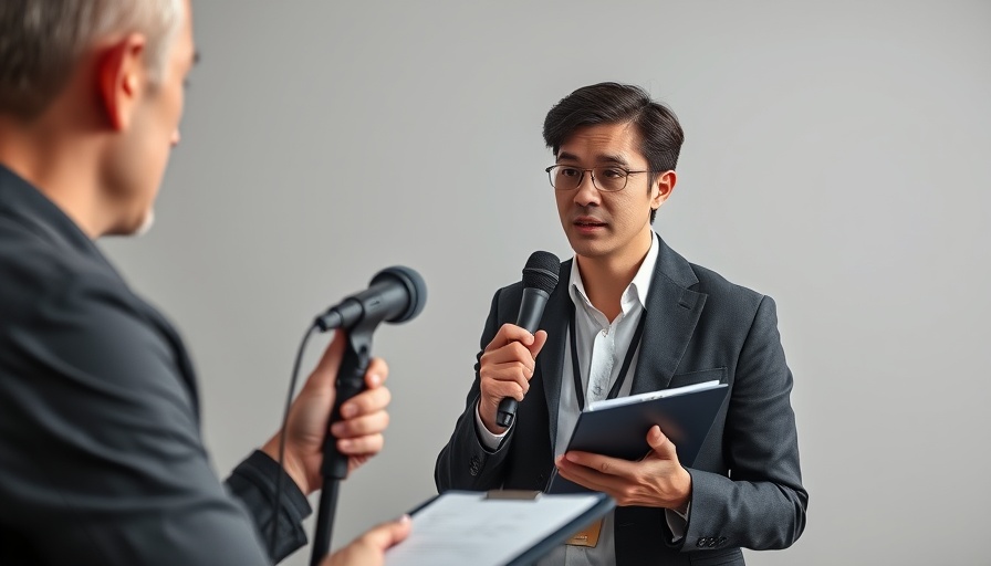 Journalist with microphone and notepad reporting latest medical news.