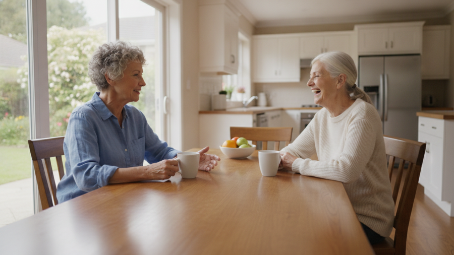 Concept illustration of two older women housemates talking at a kitchen table in their shared home