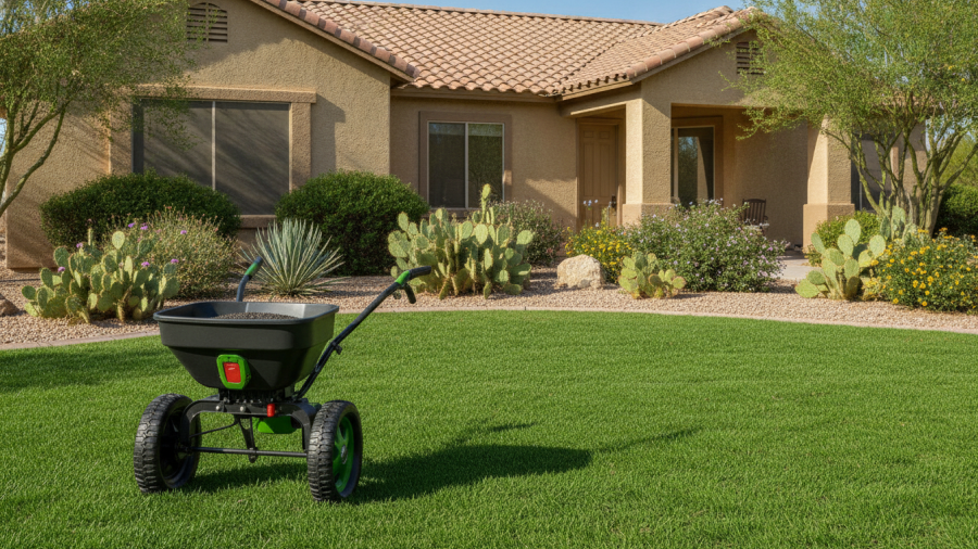 Illustration of a lawn seed spreader on a green lawn beside an Arizona-style home