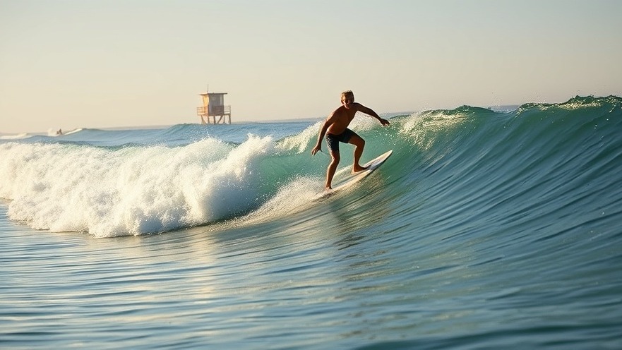 Solo surfer riding a clean wave near a distant Huntington Beach lifeguard tower
