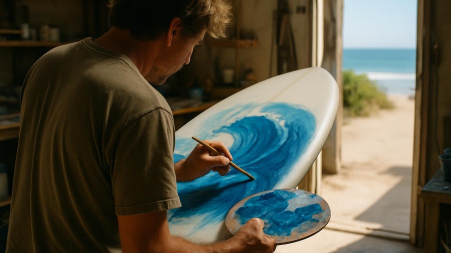 Coastal artist painting an ocean-wave design on a surfboard in a workshop